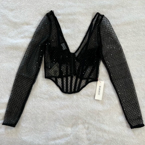 Bardot Sequin Mesh Corset Top in Black - Picture 3 of 6
